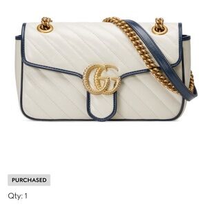 Gucci White Leather Shoulder Bag with Navy Trim and Gold Hardware